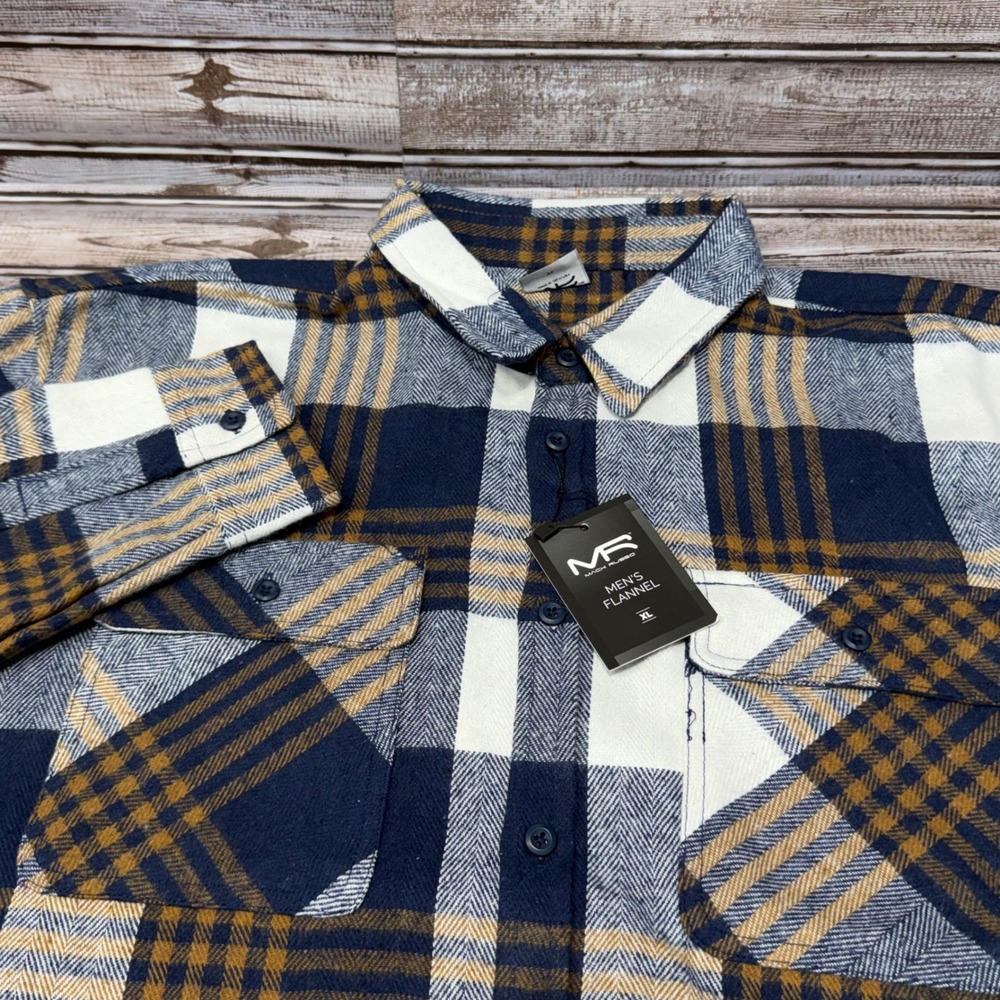 Mack Russo Flannel Shirt Men XL Blue Brown White Plaid Long Sleeve Button Down